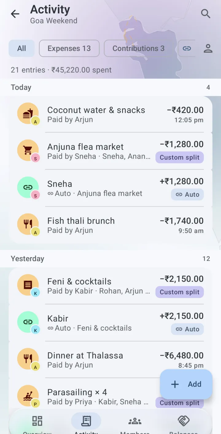 Activity timeline with expenses, top-ups and auto-credits grouped by day