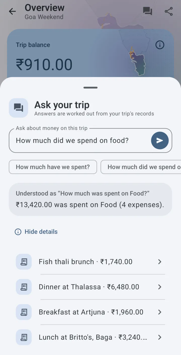 Ask your trip: the question “How much did we spend on food?” answered with a total and the matching expenses