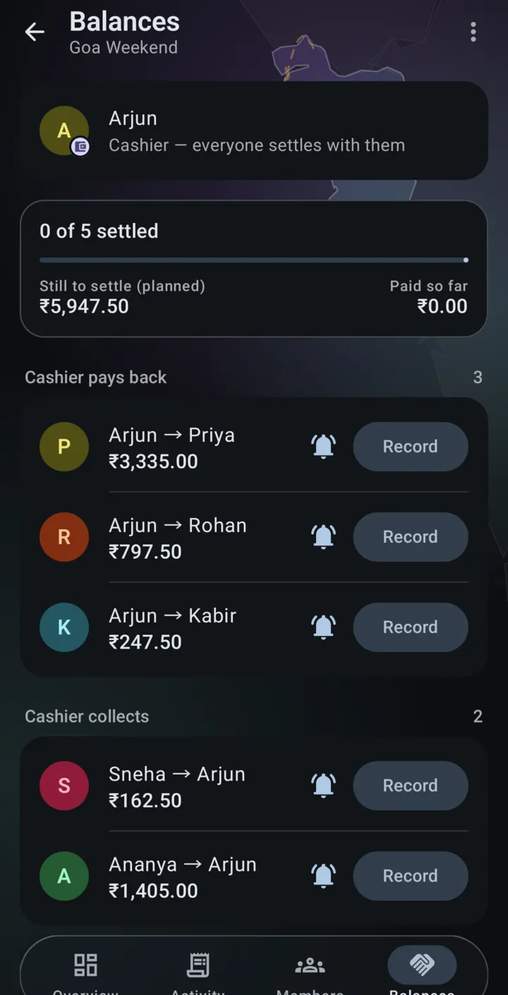 Balances tab in dark mode with the settle-up plan: who the cashier pays back and who pays the cashier