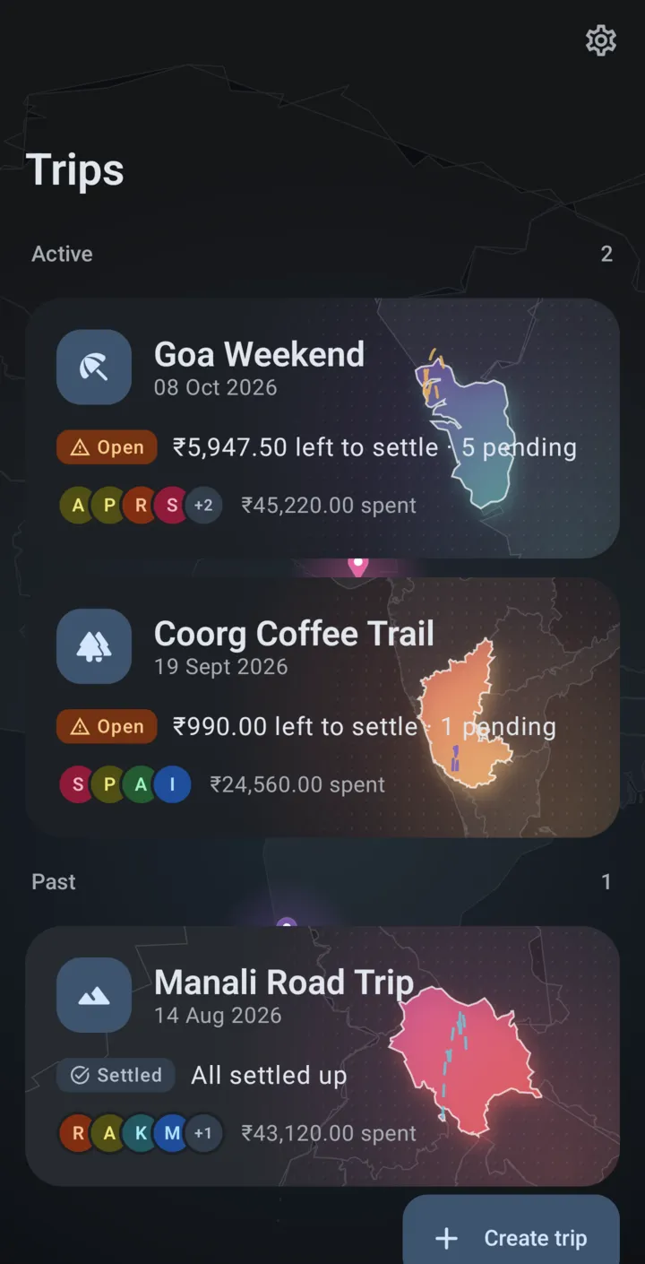 Trips list with active and past trips and their maps, in dark mode